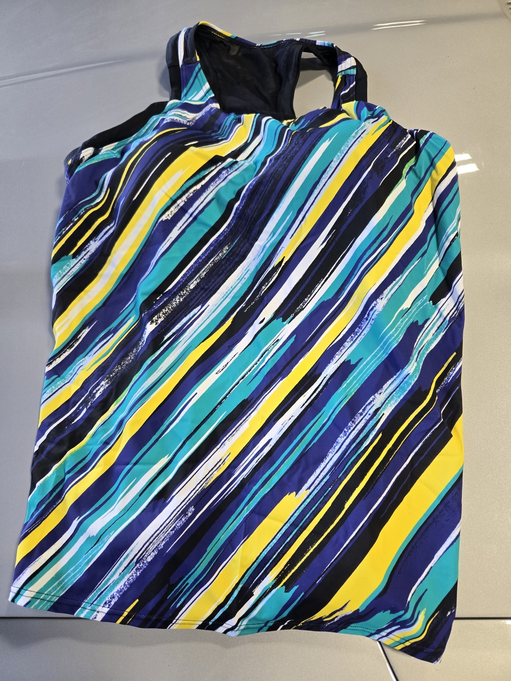Swimsuits For All Blue Teal Yellow Striped Racerback SWIM Top